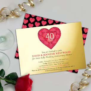 Invitación Con Relieve Metalizado Aniversario de bodas de rubí 40º corazón de acuare