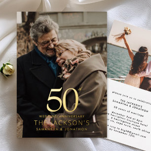 Invitación Con Relieve Metalizado Aniversario de bodas dorado 50 dos fotos