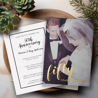 Invitación Con Relieve Metalizado Aniversario de Bodas número 50 de oro y foto