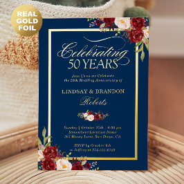 Invitación Con Relieve Metalizado Aniversario de Bodas número 50 Foto Floral Rojo Ru