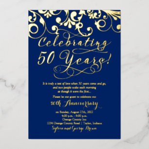 Invitación Con Relieve Metalizado Aniversario de Bodas número 50 Navy Real Gold