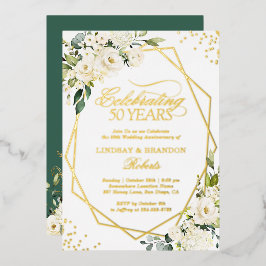 Invitación Con Relieve Metalizado Aniversario de Bodas número 50 Verde Dorado Geomét