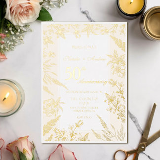 Invitación Con Relieve Metalizado Aniversario de Flor Silvestre Blanca y Dorada