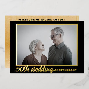 Invitación Con Relieve Metalizado Aniversario del 50° Boda del Negro y Oro Moderno