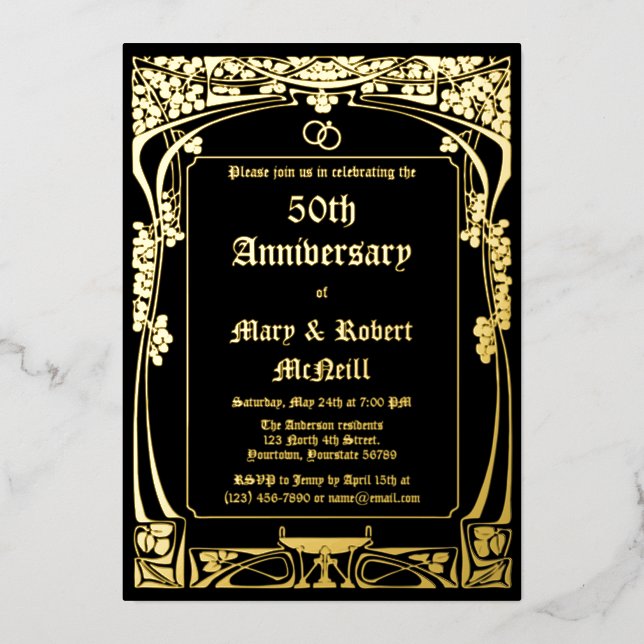 Invitación Con Relieve Metalizado Aniversario del Boda Art Nouveau elegante (Anverso)