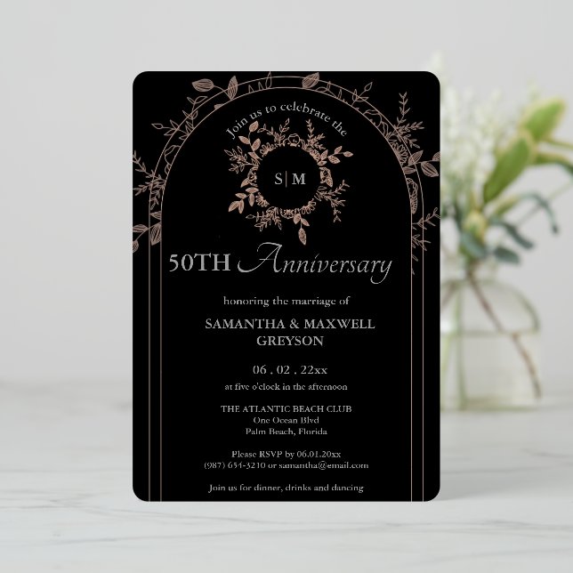 Invitación Con Relieve Metalizado Aniversario del Boda de Plata Black 50 de Lujo (Anverso de pie)