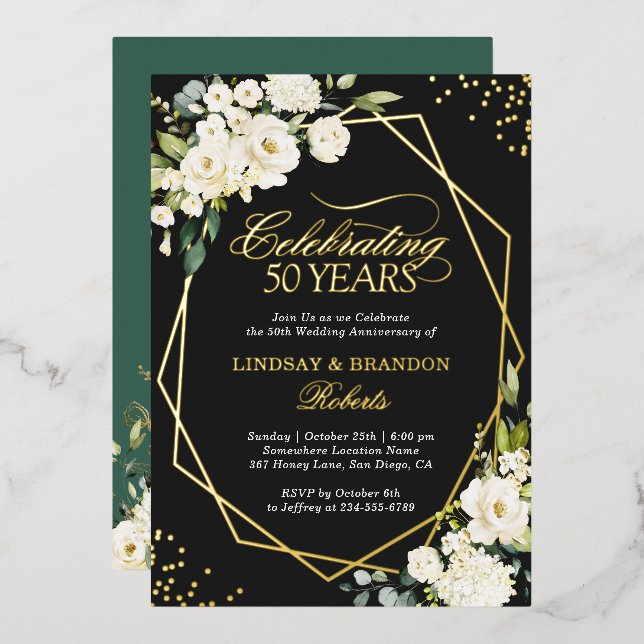 Invitación Con Relieve Metalizado Aniversario del Boda Geométrico de Oro Floral Blan (Anverso/Reverso)