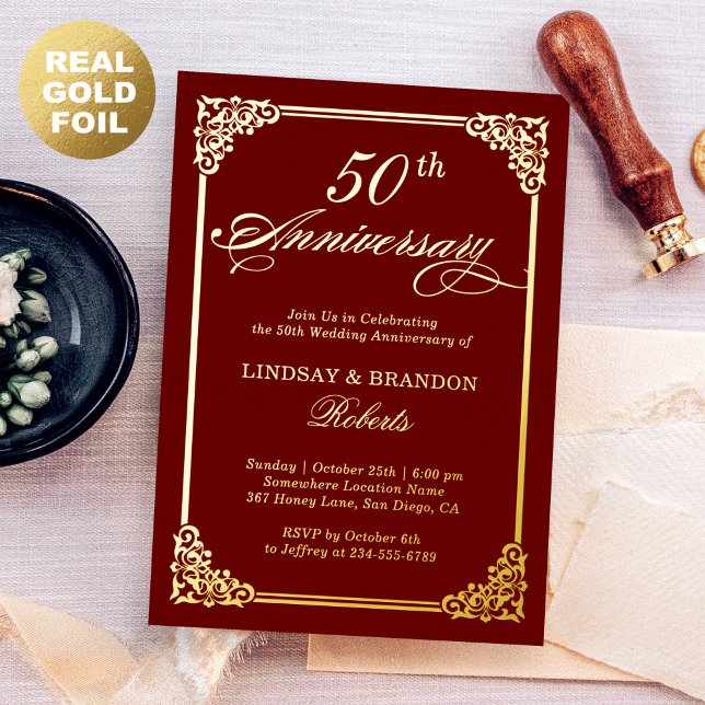 Invitación Con Relieve Metalizado Aniversario del Boda Rococo del marco Damasco clás (Subido por el creador)