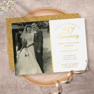 Invitación Con Relieve Metalizado Aniversario número 50 Confeti de Corazón Boda Foto