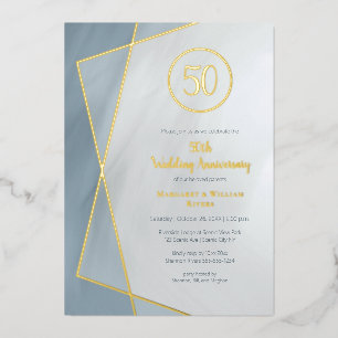 Invitación Con Relieve Metalizado aniversario número 50 dusty blue gris con pan de o