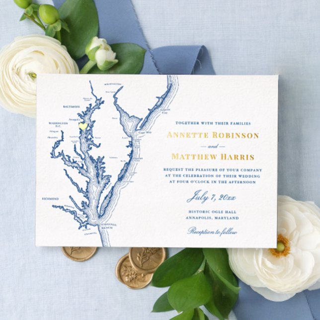 Invitación Con Relieve Metalizado Annapolis Maryland Boda Navy Gold (Subido por el creador)