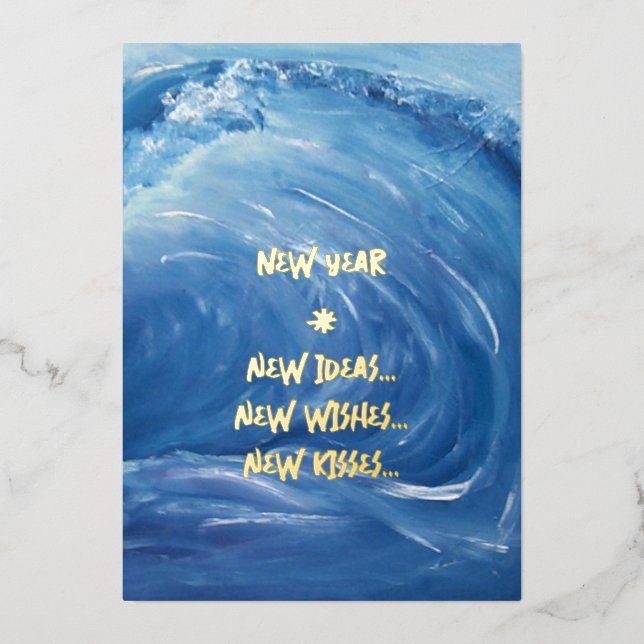 Invitación Con Relieve Metalizado Año nuevo azul, ideas, deseos, besos (Anverso)