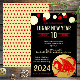 Invitación Con Relieve Metalizado Año Nuevo Lunar 2024 Dragón Rojo Moderno Negro Oro