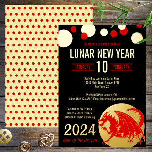 Invitación Con Relieve Metalizado Año Nuevo Lunar 2024 Dragón Rojo Moderno Negro Oro