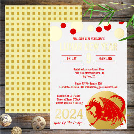 Invitación Con Relieve Metalizado Año Nuevo Lunar 2024 Dragón Rojo Oro Blanco Modern
