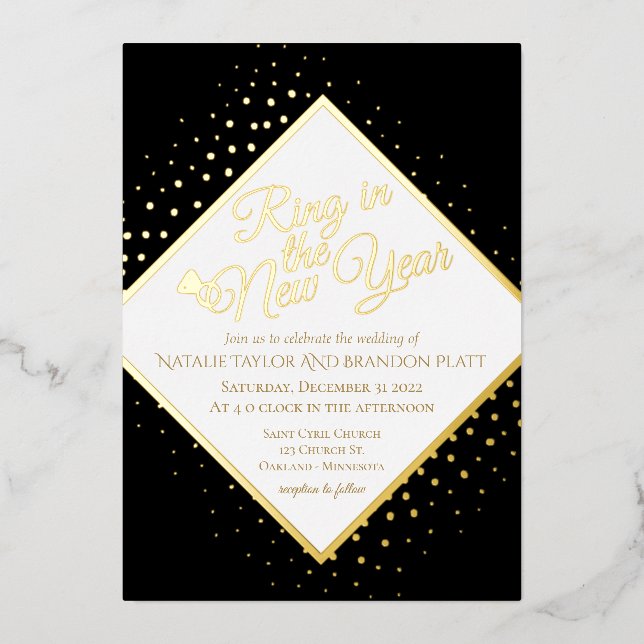 Invitación Con Relieve Metalizado Año Nuevo Purpurina Negro Y Oro Boda Relieve metal (Anverso)