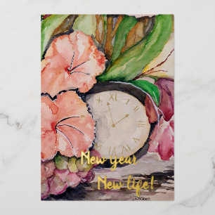 Invitación Con Relieve Metalizado Año nuevo vida nueva reloj acuarela floral uvas