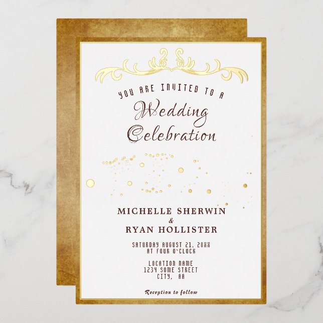 Invitación Con Relieve Metalizado Antiguo periódico ornamento romántico Boda de moda (Anverso/Reverso)