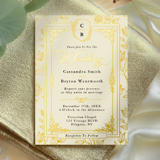Invitación Con Relieve Metalizado Antique Floral Monogram Crest Gold Frame Wedding