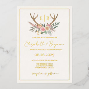Invitación Con Relieve Metalizado Antlers Floral Stag Flores Rosa Boda Real Gold