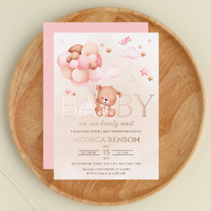 Invitación Con Relieve Metalizado Apenas Podemos Esperar Niña Rosa Dorado Rosado