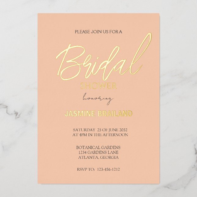 Invitación Con Relieve Metalizado Apricot Moderno Simple Bridal Shower Gold (Anverso)