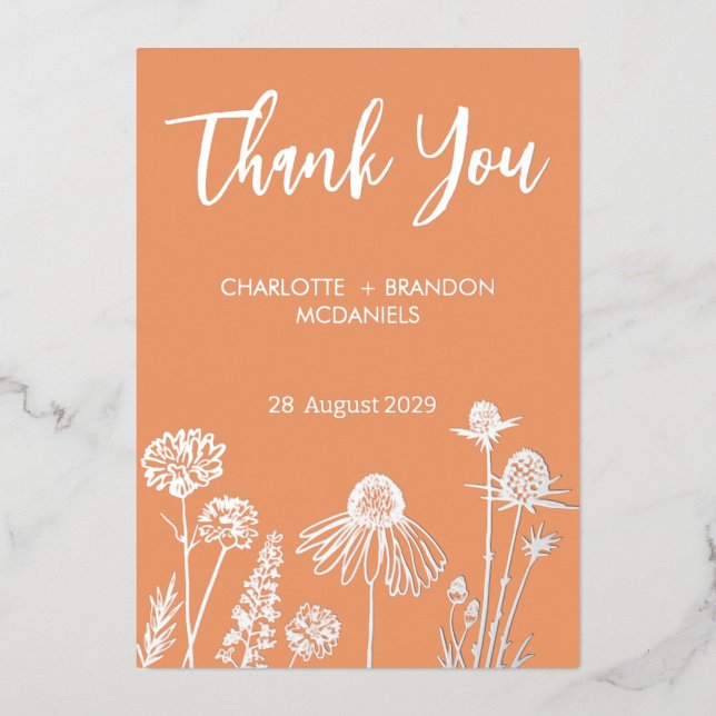 Invitación Con Relieve Metalizado Apricot Wildflowers Boda Gracias Gold (Anverso)
