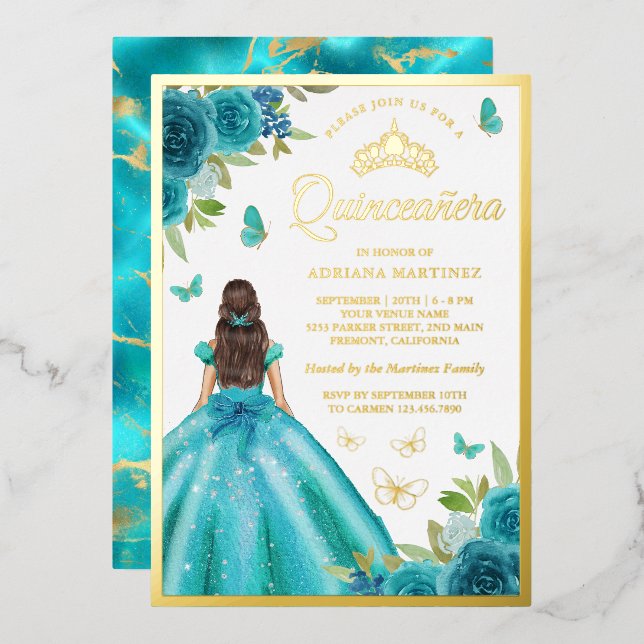 Invitación Con Relieve Metalizado Aqua Blue Floral Vestido Mariposa Quinceanera Gold (Anverso/Reverso)
