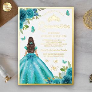 Invitación Con Relieve Metalizado Aqua Blue Floral Vestido Mariposa Quinceanera Gold