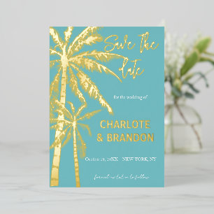 Invitación Con Relieve Metalizado Aqua Gold Palm Trees Beach Wedding Salve La Fecha