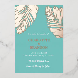 Invitación Con Relieve Metalizado Aqua Tropical Palm Leaf Boda Gold