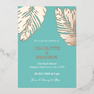Invitación Con Relieve Metalizado Aqua Tropical Palm Leaf Boda Gold