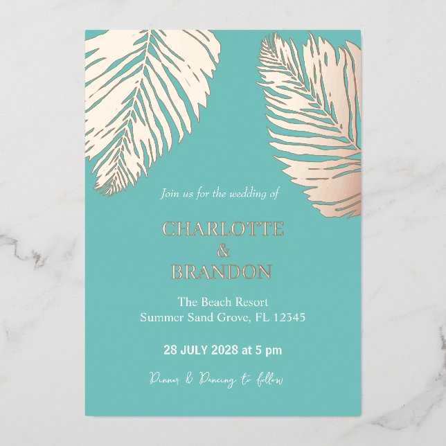 Invitación Con Relieve Metalizado Aqua Tropical Palm Leaf Boda Gold (Anverso)