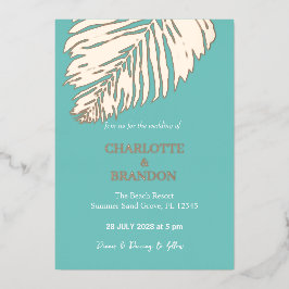 Invitación Con Relieve Metalizado Aqua Tropical Palm Leaf Boda Gold