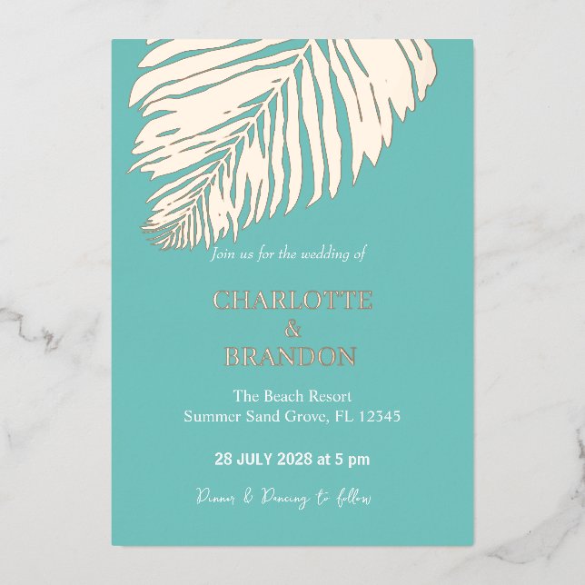 Invitación Con Relieve Metalizado Aqua Tropical Palm Leaf Boda Gold (Anverso)