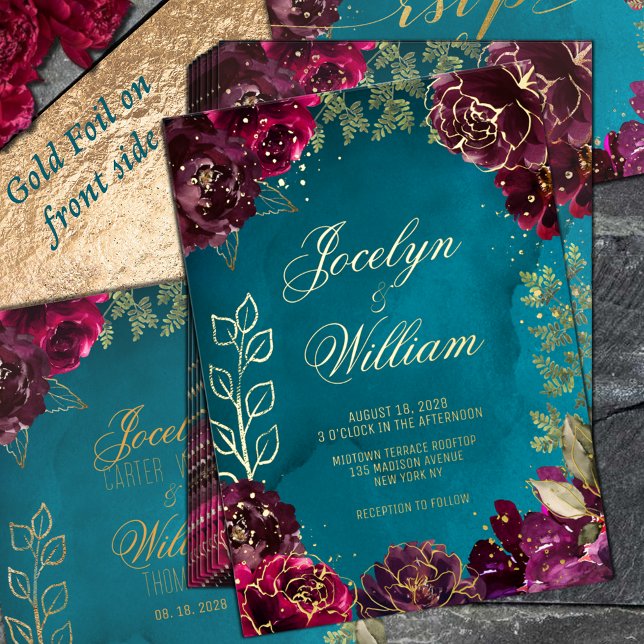 Invitación Con Relieve Metalizado Aqua Verde azulada Merlot Jewel Tone Boda (Aqua Teal Merlot Gold Foil Jewel Tone Wedding Invitation)