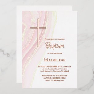 Invitación Con Relieve Metalizado aquarela rosa pastel Bautizo