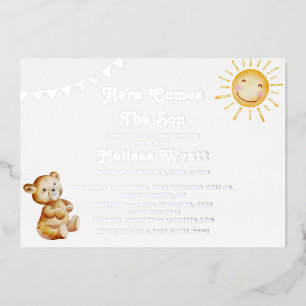 Invitación Con Relieve Metalizado Aquí viene el hijo oso Baby Shower Silver