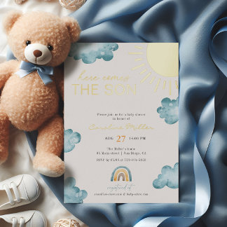 Invitación Con Relieve Metalizado Aquí viene el hijo Shower para bebé Niño Azul Oro