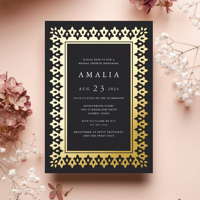 Invitación Con Relieve Metalizado Arábico | Elegante Glam Bridal Shower Gold (Subido por el creador)