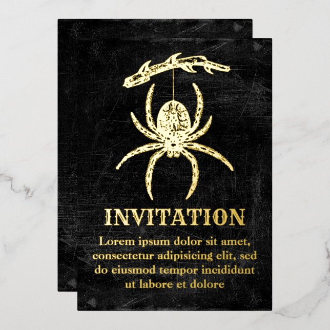 Invitación Con Relieve Metalizado Araña gótica colgando de la rama (Anverso/Reverso)