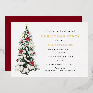 Invitación Con Relieve Metalizado Árbol de acuarela tradicional Fiesta de Navidad en