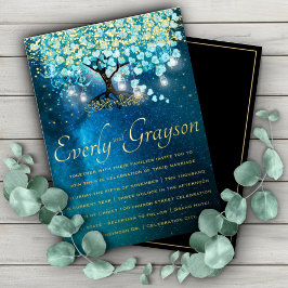 Invitación Con Relieve Metalizado Árbol de hoja de corazón azul acuático Boda de oro