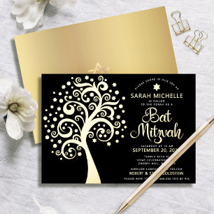 Invitación Con Relieve Metalizado Árbol de la Vida de la Bat Mitzvah Negra Guión de