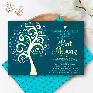 Invitación Con Relieve Metalizado Árbol de la Vida en Azul Teal para Bat Mitzvah en