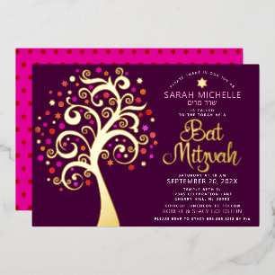 Invitación Con Relieve Metalizado Árbol de la Vida en guion de oro real para Bat Mit