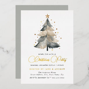 Invitación Con Relieve Metalizado Árbol de Navidad de beige azul oro natural