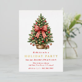 Invitación Con Relieve Metalizado Árbol de Navidad en Acuarela con Lazo de Cuadros R