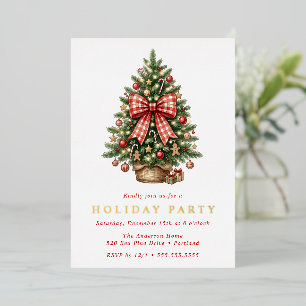 Invitación Con Relieve Metalizado Árbol de Navidad en Acuarela con Lazo de Cuadros R