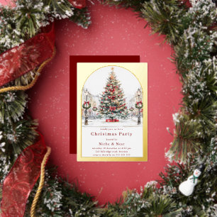 Invitación Con Relieve Metalizado Árbol Festivo Arco Dorado Fiesta de Navidad Corpor